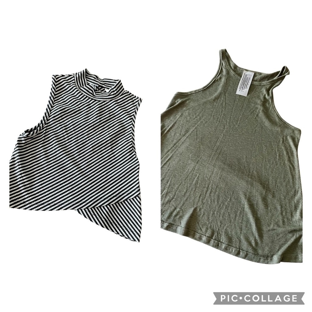 NWOT Free‎ People Lot of 2 | Olive Ribbed Tank + Black Gray Mockneck Tank Medium